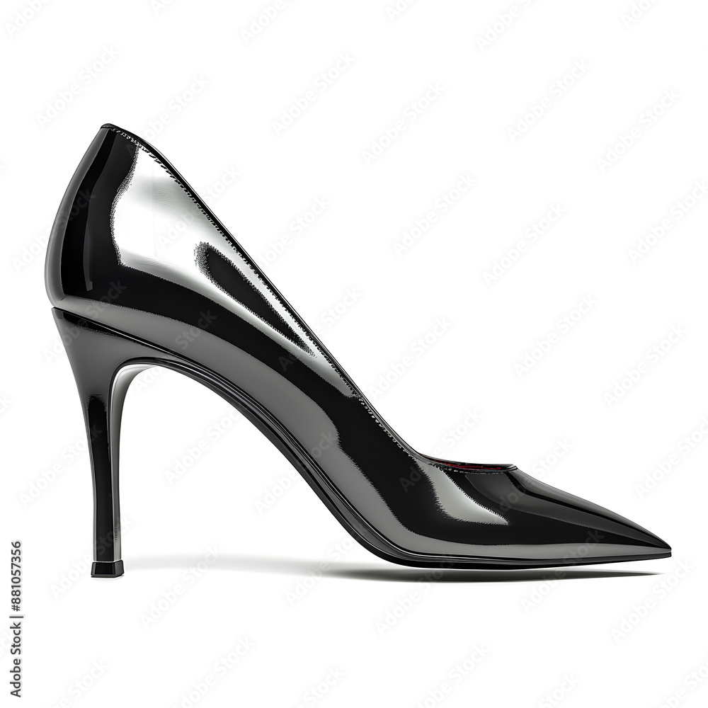 Side view of a single black women's high-heeled pump shoe isolated on a white background Side view of a single black women's high-heeled pump shoe isolated on a white background