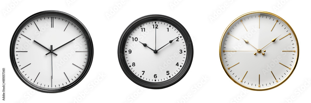 Minimalist wall clocks in black and gold frames, showcasing different time designs, perfect for modern interior decor. Minimalist wall clocks in black and gold frames, showcasing different time designs, perfect for modern interior decor.