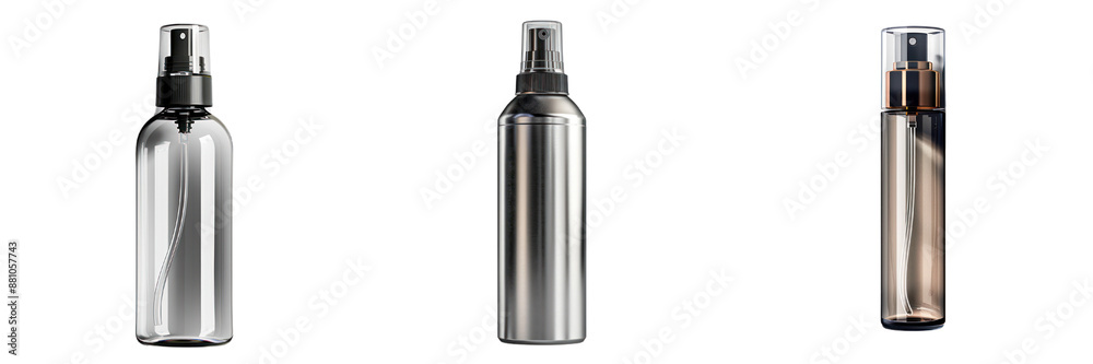 Three sleek spray bottles with modern designs, showcased against a plain background, perfect for product branding or cosmetic packaging. Three sleek spray bottles with modern designs, showcased against a plain background, perfect for product branding or cosmetic packaging.