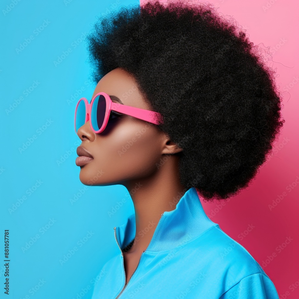 Stylish Woman with Afro and Pink Sunglasses on Blue and Pink Background Stylish Woman with Afro and Pink Sunglasses on Blue and Pink Background