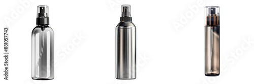 Three sleek spray bottles with modern designs, showcased against a plain background, perfect for product branding or cosmetic packaging.