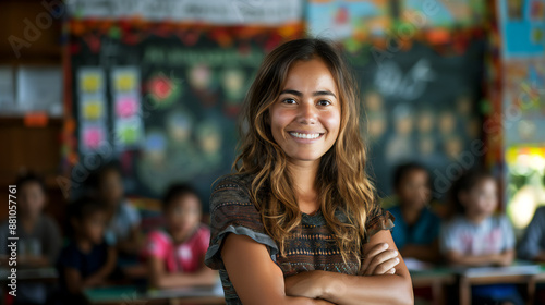 Smiling female Hispanic teacher standing in front of elementary classroom students, back to school, copy space