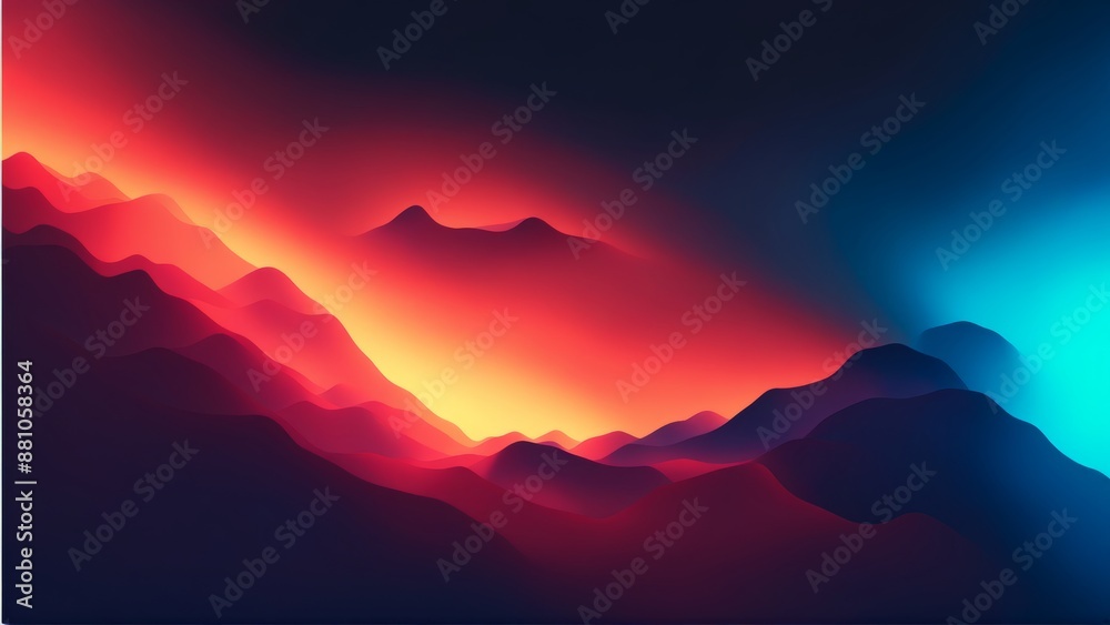 A mountain range with a sunset in the background. The mountains are in various shades of red and blue A mountain range with a sunset in the background. The mountains are in various shades of red and blue