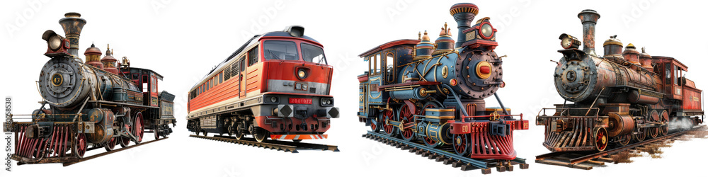Obraz premium Collection of vintage steam and modern diesel locomotives, showcasing the evolution of train technology over the years.