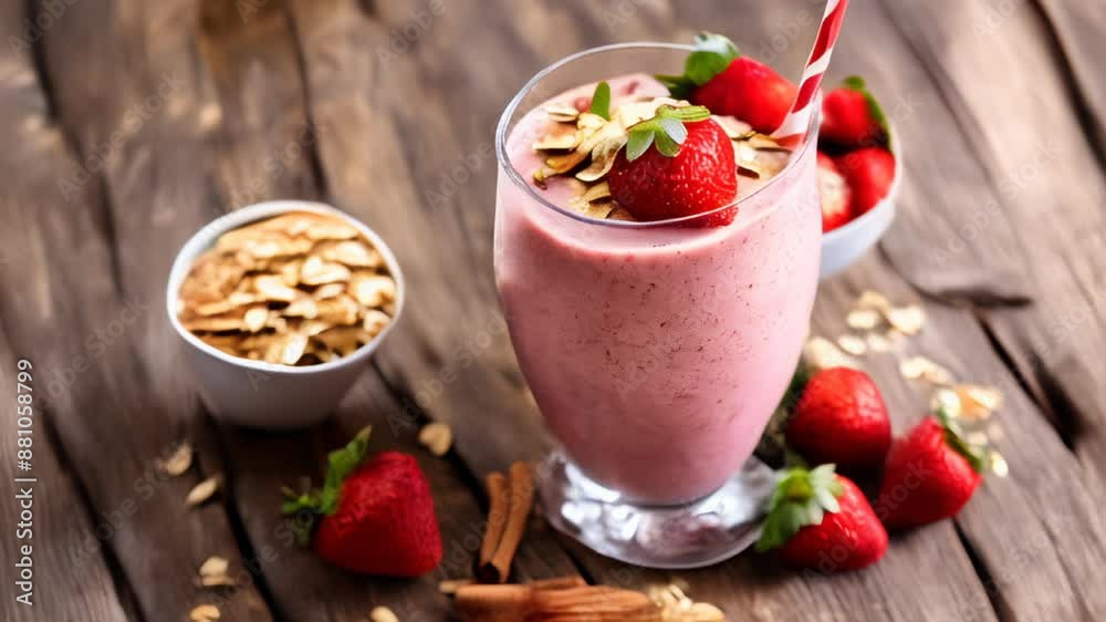 Freshly blended strawberry smoothie with crunchy granola topping served on a rustic wooden table Freshly blended strawberry smoothie with crunchy granola topping served on a rustic wooden table
