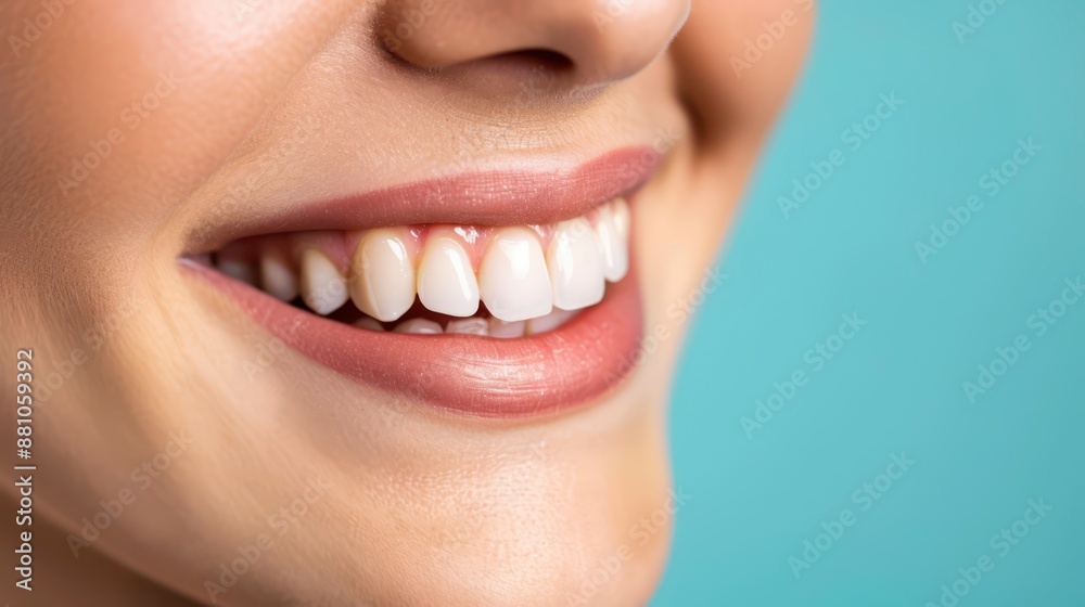 Close Up of a Woman Smiling With White Teeth Against a Blue Background Close Up of a Woman Smiling With White Teeth Against a Blue Background