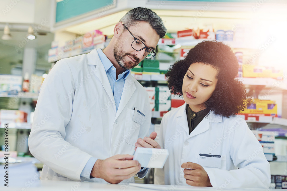 Man, woman and checking box in pharmacy for prescription drugs, ingredients or medical benefits of pills. Healthcare, pharmacist and consultant reading info on medicine for advice, decision or choice Man, woman and checking box in pharmacy for prescription drugs, ingredients or medical benefits of pills. Healthcare, pharmacist and consultant reading info on medicine for advice, decision or choice