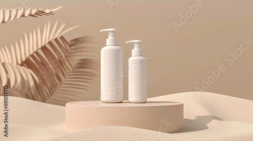 white blank plastic packaging cosmetic pump bottles for mousse foam cream and lotion stand on round podium, beach sand and beige background photo