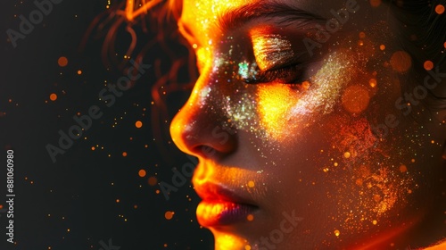 A woman's face is illuminated by orange light, with glitter makeup covering her skin. © Emiliia
