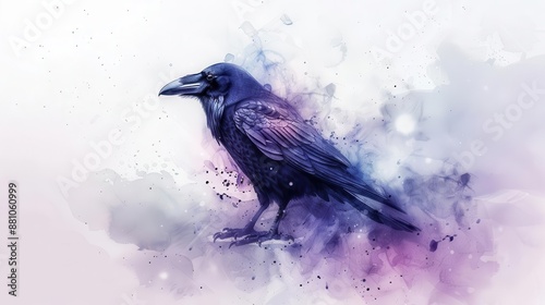 A black raven with a dark blue and purple watercolor background. The raven is standing on a white background.