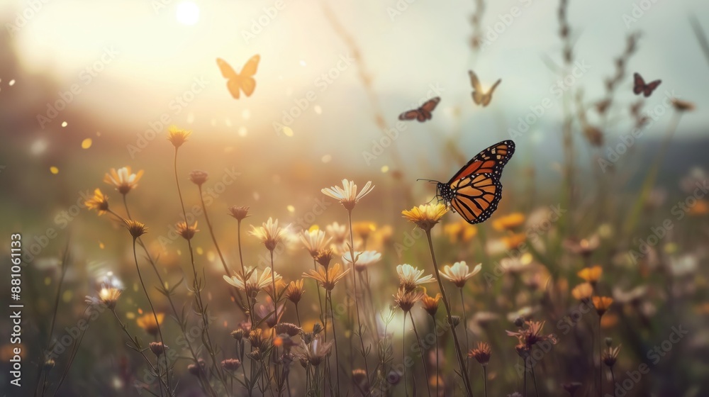 Golden hour butterfly on wildflowers Golden hour butterfly on wildflowers