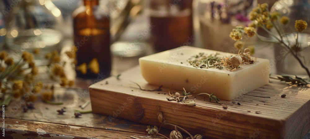 Artisanal Herbal Soap Bar on Rustic Wooden Board Artisanal Herbal Soap Bar on Rustic Wooden Board