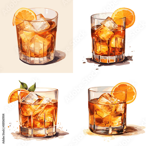 Four different glasses of a drink with ice and an orange slice