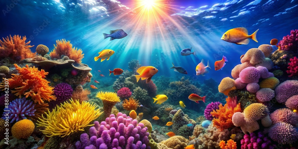 Naklejka premium Underwater Paradise Vibrant Corals and Fish, Sunrays Illuminating the Reef, Digital Art, Coral Reef, Tropical Fish, Underwater World