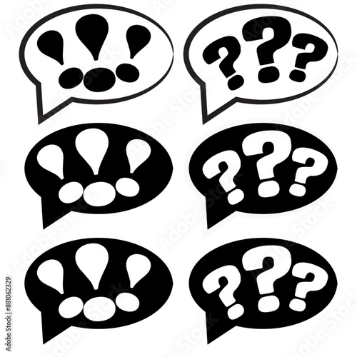 Question marks and exclamation points in speech bubbles, in black and white and black with a knockout isolated on white or transparent background, questioning or surprised graphic