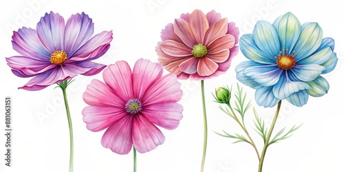 Watercolor Painting of Four Cosmos Flowers, Isolated on White, Watercolor, Flower, Botanical, Cosmos