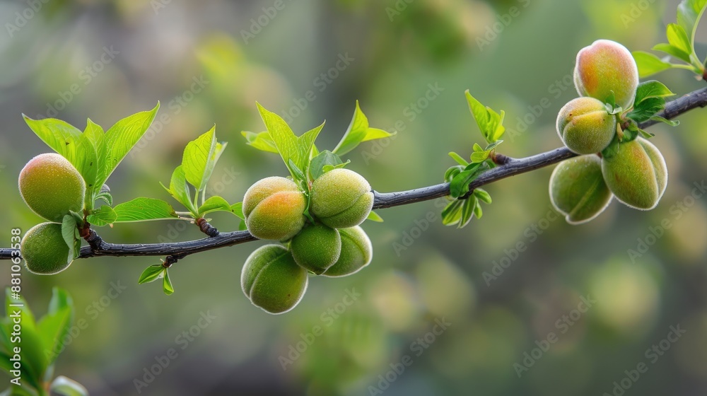 Spring branch with immature green peaches Spring branch with immature green peaches