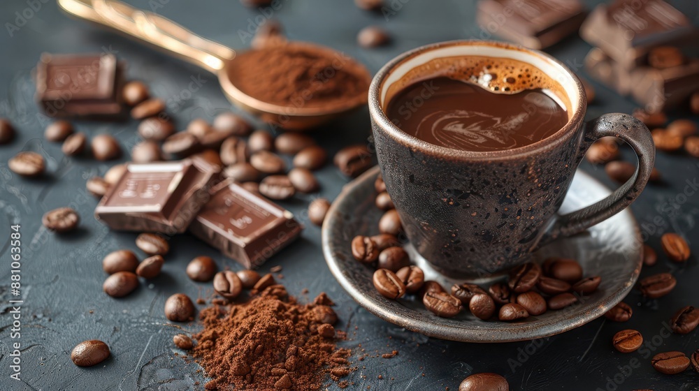 Fototapeta premium A detailed shot of a coffee cup, a scoop of coffee beans, and pieces of chocolate arranged on a dark, textured surface, highlighting the deep colors and textures of the ingredients