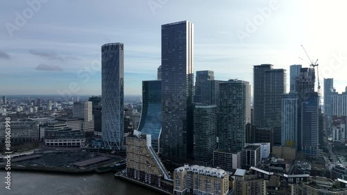 Canary Wharf Buildings and Skyscrapers in London Aerial View