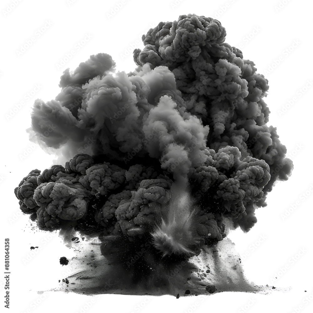 Black smoke explosions and blast isolated on transparent or  white background