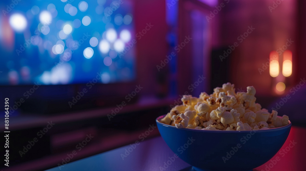 detailed description of a cozy, homey setting that encapsulates the idea of enjoying popcorn while watching TV at home detailed description of a cozy, homey setting that encapsulates the idea of enjoying popcorn while watching TV at home