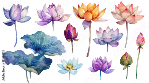 Fototapeta Naklejka Na Ścianę i Meble -  Set of lotus flowers watercolor cutout png isolated on white or transparent background