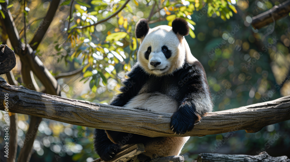 Obraz premium Panda rests sitting on a tree.