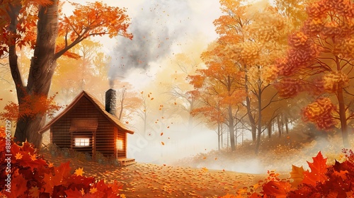 Cabin in autumn forest with falling leaves and smoky chimney. Concept of seasonal nature, countryside retreat, fall scenery, autumn tranquility