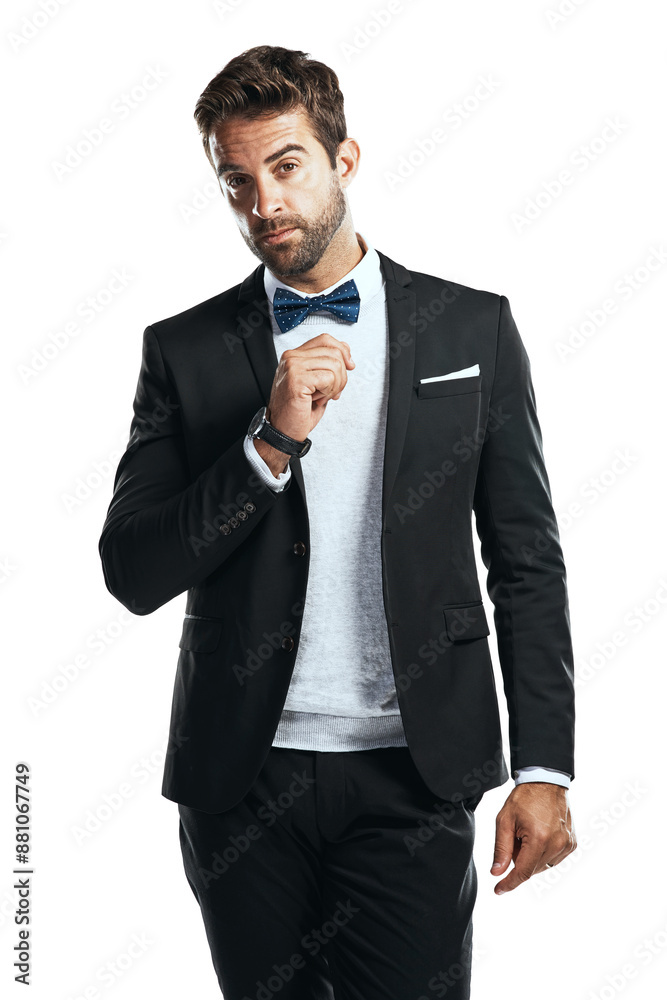 Handsome, bowtie and portrait of man in studio with elegant, luxury and classy tuxedo for wedding. Style, fashion and confident person from Canada with suit for black tie event by white background. Handsome, bowtie and portrait of man in studio with elegant, luxury and classy tuxedo for wedding. Style, fashion and confident person from Canada with suit for black tie event by white background.