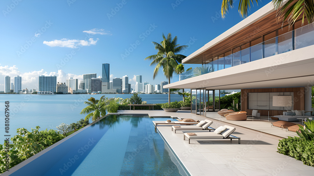 Fototapeta premium Modern villa with a private rooftop infinity pool overlooking the Miami skyline in Florida