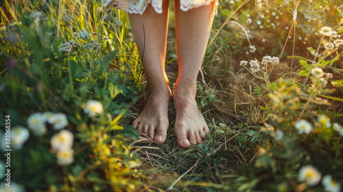 Fototapeta Naklejka Na Ścianę i Meble -  Barefoot woman standing in a meadow at sunrise, close-up of feet