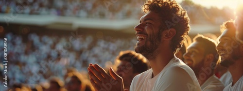 Exciting atmosphere: english fans cheer and celebrate in stadium stands during soccer game, capturing enthusiasm, passion of supporters, creatinga vibrant, energetic scene filled with national pride. photo