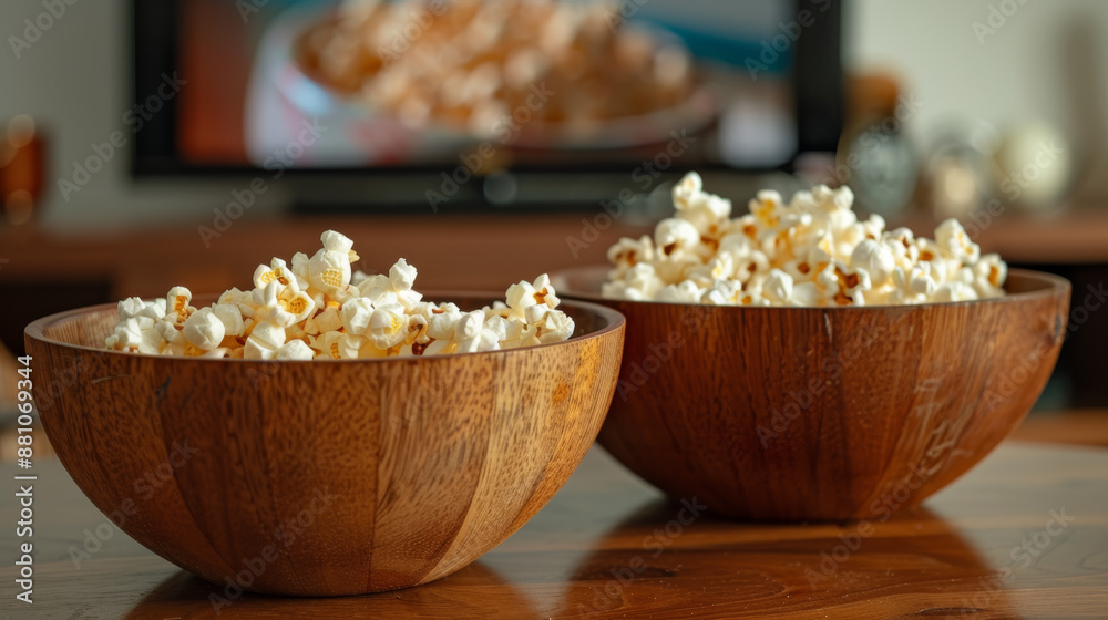 Two Wooden Bowls of Fresh Popcorn: The foreground features two wooden bowls brimming with fresh, fluffy popcorn. The natural texture and warm tone of the wood contrast beautifully with the golden-yell Two Wooden Bowls of Fresh Popcorn: The foreground features two wooden bowls brimming with fresh, fluffy popcorn. The natural texture and warm tone of the wood contrast beautifully with the golden-yell