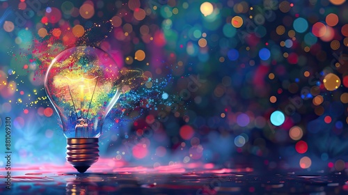 Creative light bulb shattering colorful sparks adark backdrop. AI generated illustration photo