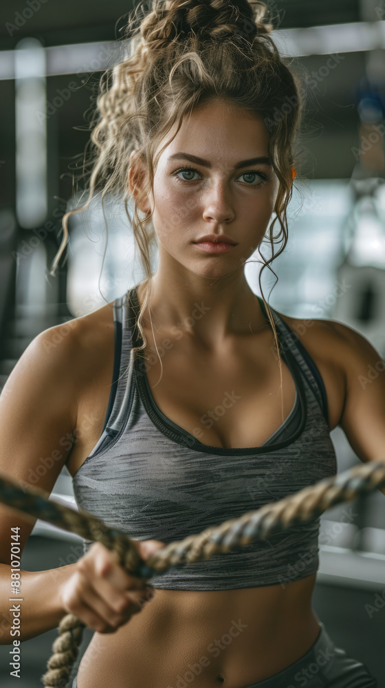 Fototapeta premium Determined Woman Working Out with Battle Ropes in Gym
