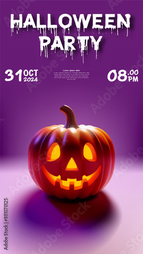 Happy Halloween with Jack-o-Lantern pumpkin character on purple background . Vector illustration