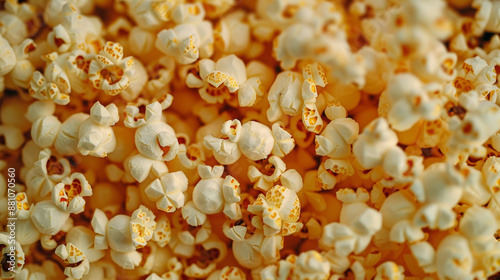 Background of Lots of Popcorn: The entire frame is filled with fluffy, golden-yellow popcorn, creating a rich and textured background. Each popcorn kernel is perfectly popped, showing off its crispy, 