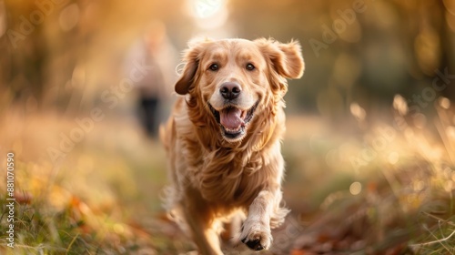 Happy golden retriever dog joyfully runs along a path in a vibrant autumn setting, showcasing a heartwarming outdoor moment full of joy and energy surrounded by falling leaves.