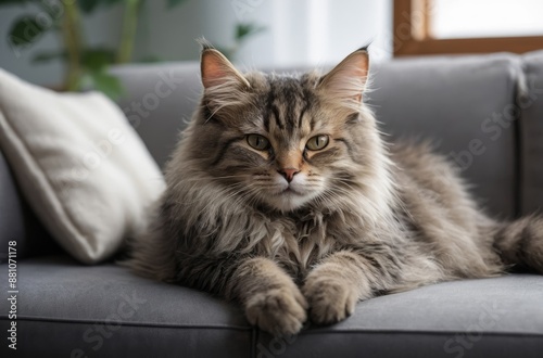 Fluffy long-haired gray cat relaxing on couch looking at camera