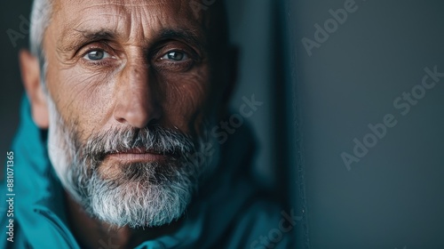 An older man with a full white beard and striking blue eyes is highlighted against a dark background, creating a sense of wisdom and contemplation.