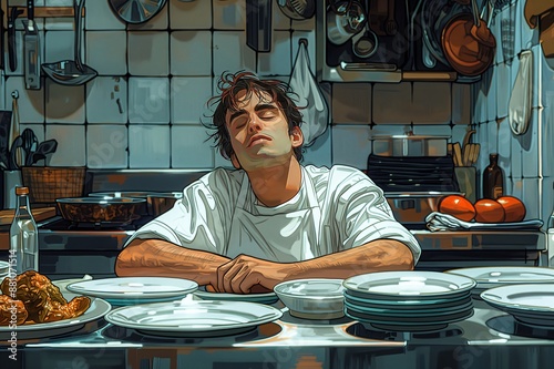 Exhausted chef resting after dinner rush in restaurant kitchen