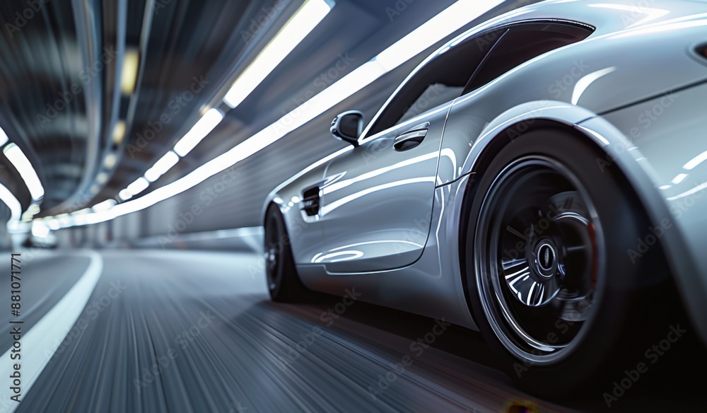 close-up of silver car driving fast in the tunnel, motion blur, high speed photography, blurred background, dark grey and white color scheme Generative AI close-up of silver car driving fast in the tunnel, motion blur, high speed photography, blurred background, dark grey and white color scheme Generative AI