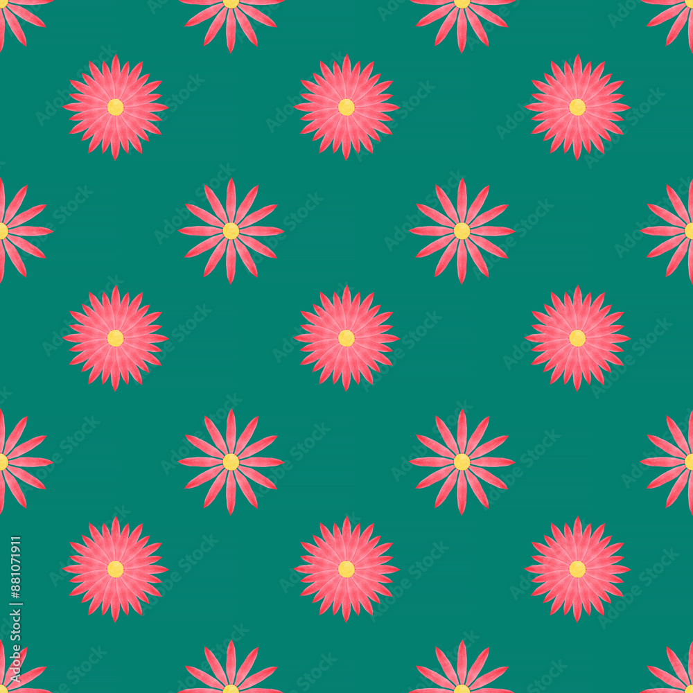 seamless summer pattern: red with yellow flowers against green seamless summer pattern: red with yellow flowers against green