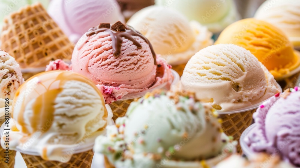 Close-up of various flavors of ice cream in waffle cones, showcasing a delicious selection of sweet treats Close-up of various flavors of ice cream in waffle cones, showcasing a delicious selection of sweet treats