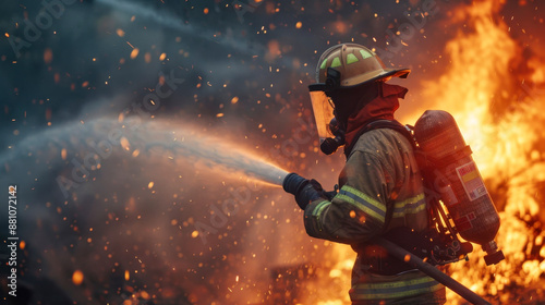 A firefighter courageously battles a raging blaze, symbolizing bravery and resilience. Ideal for emergency response and heroism themes.