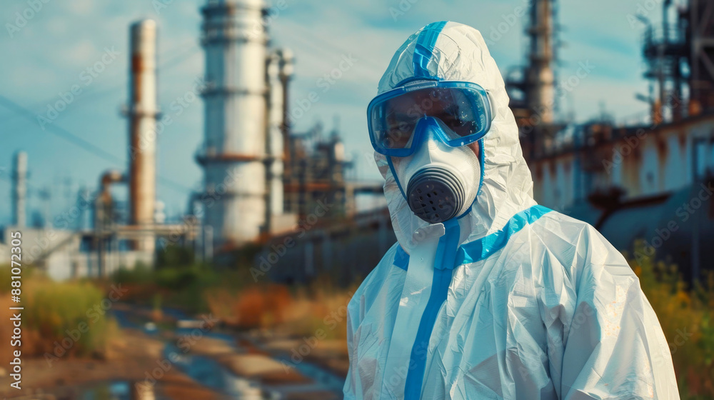 A person in protective gear stands in front of an industrial plant, symbolizing safety and contamination control in hazardous environments A person in protective gear stands in front of an industrial plant, symbolizing safety and contamination control in hazardous environments