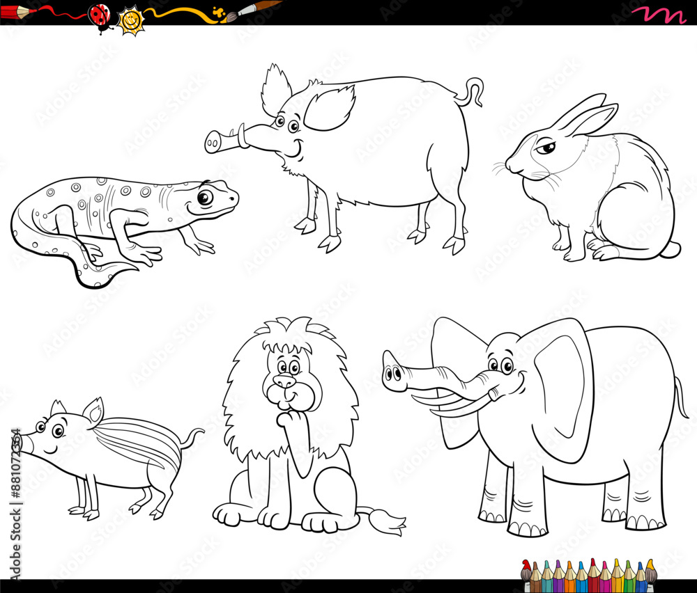Obraz premium cartoon wild animals characters set coloring page