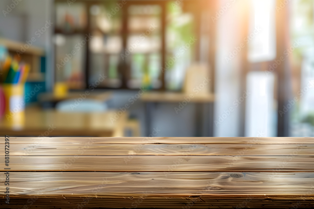 blank wooden table top on blurred schoolchild room interior background