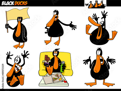 cartoon black ducks animal characters concept set