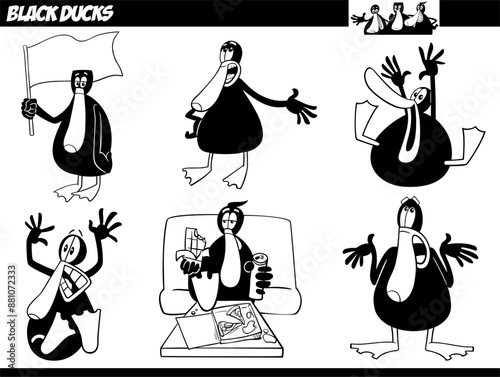 cartoon black ducks animal characters set coloring page
